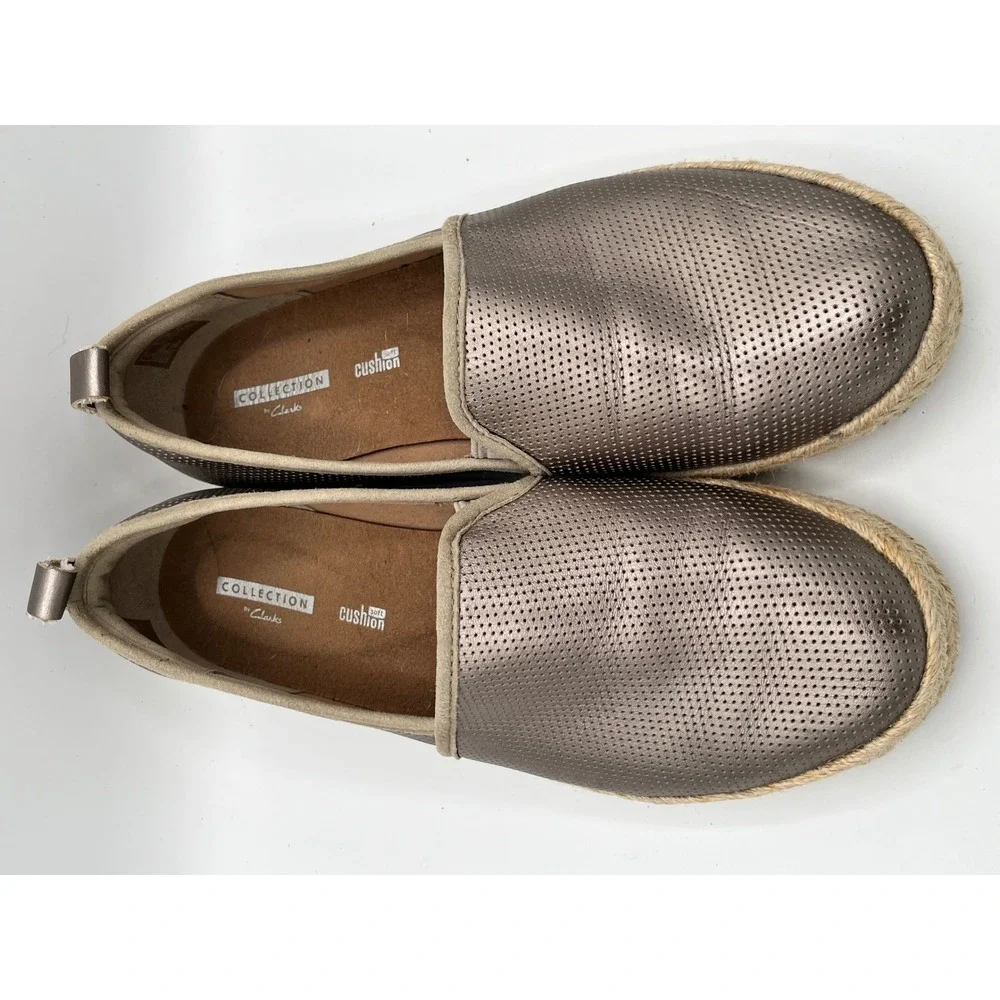 Clarks Collection Cushion SoftMetallic Bronze Perforated Espadrille Flats Sz‎ 9W
